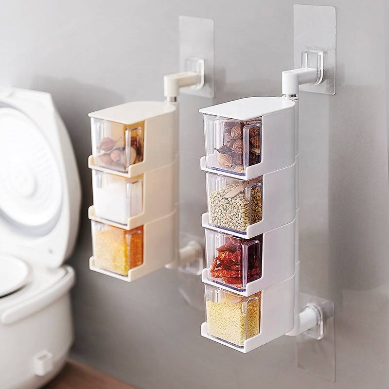 Wall-mounted Seasoning Box With Spoon Storage Can Set Multi-layer Rotating Plastic Spice Box For Kitchen Storage Tools Organizer